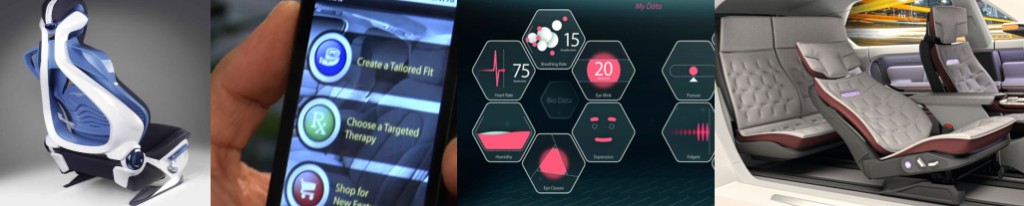 Four-part composite: advanced ergonomic seat structure; SmartFit phone app with tailored fit and therapy options; biometric My Data dashboard with heart rate, breathing, posture, and related metrics; luxury vehicle interior with quilted seating in motion.