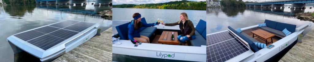 Lilypad solar boat triptych: solar panel roof and hull at a wooden pier with a bridge beyond; two guests toasting with wine in the open lounge on the water; U-shaped seating with striped pillows, wood table, and partial solar roof while docked.